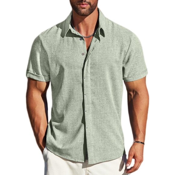 Men's  A-sage Green Linen Short Sleeve Button Down Casual Shirt Business Dress - Picture 1 of 6